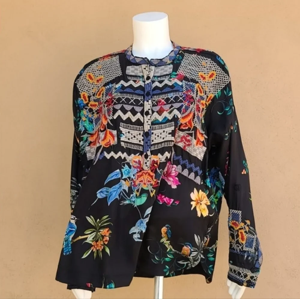 JOHNNY WAS BIYA ANTHRO Veda Embroidered Silk Blouse S M L Shirt Peasant Top Boho